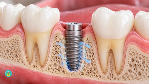 Minh họa trụ implant nằm trong xương hàm trong giai đoạn lành thương
