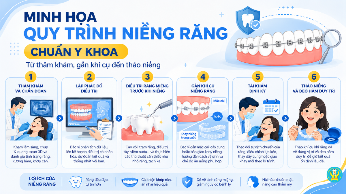 Minh họa quy trình niềng răng chuẩn y khoa từ thăm khám, gắn khí cụ đến tháo niềng