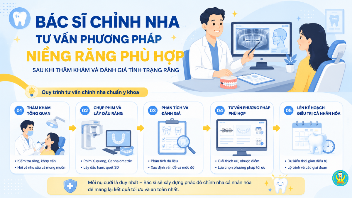 Bác sĩ chỉnh nha tư vấn phương pháp niềng răng phù hợp sau khi thăm khám và đánh giá tình trạng răng