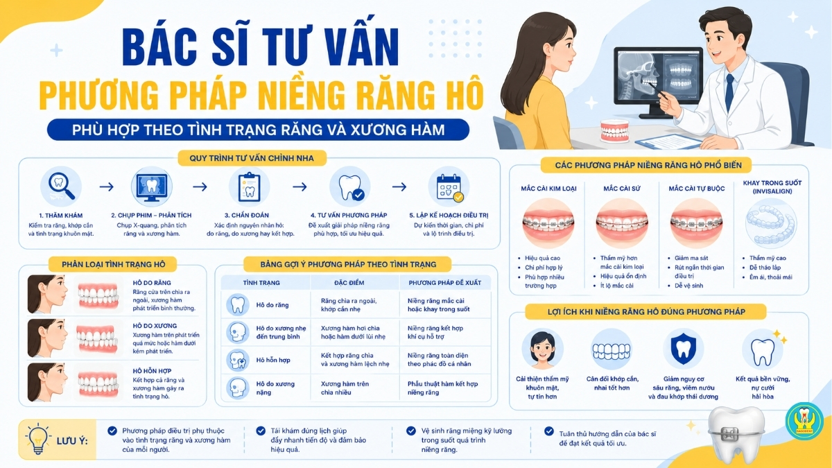Bác sĩ tư vấn phương pháp niềng răng hô phù hợp theo tình trạng răng và xương hàm