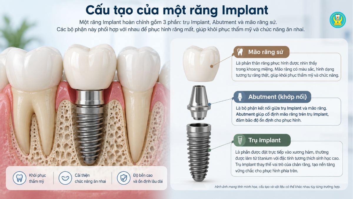 Cấu tạo răng Implant gồm trụ Implant Abutment và mão răng sứ