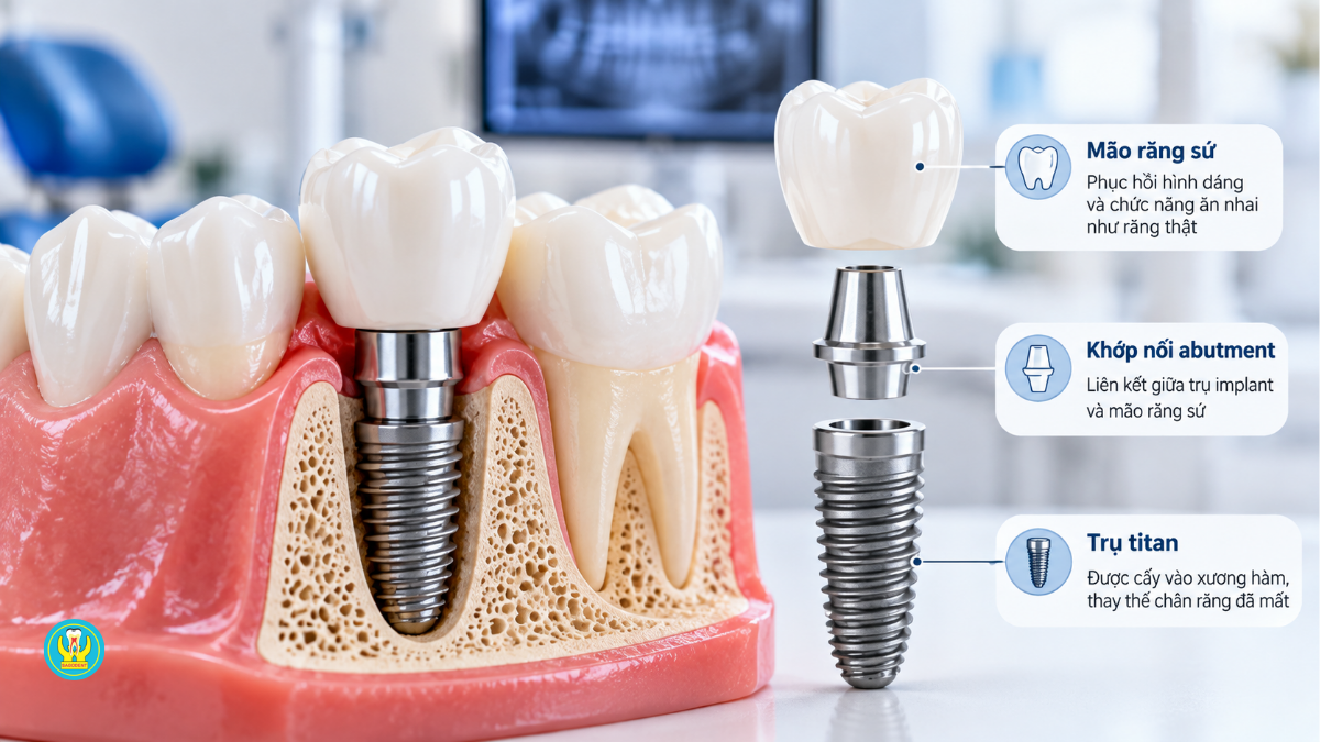 Cấu tạo răng implant gồm trụ titan, khớp nối abutment và mão răng sứ
