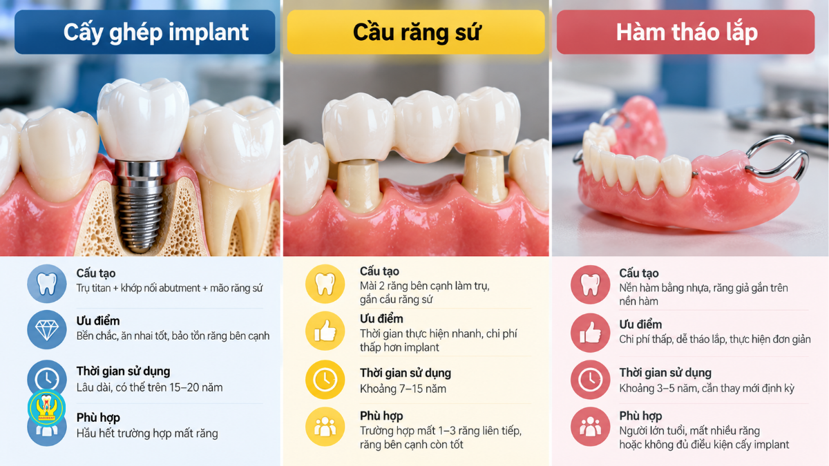 So sánh cấy ghép implant với cầu răng sứ và hàm tháo lắp khi mất răng